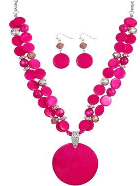 Women's fuchsia pink Layered Beads Statement Chunky Jewelry Necklace And Earring